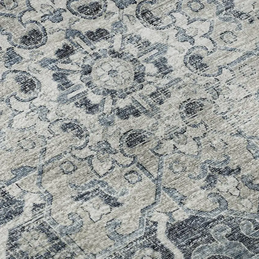 Blue Ivory And Gray Floral Medallion Distressed Washable Area Rug With UV Protection Photo 9