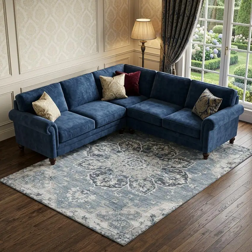 Blue Ivory And Gray Floral Medallion Distressed Washable Area Rug With UV Protection Photo 1