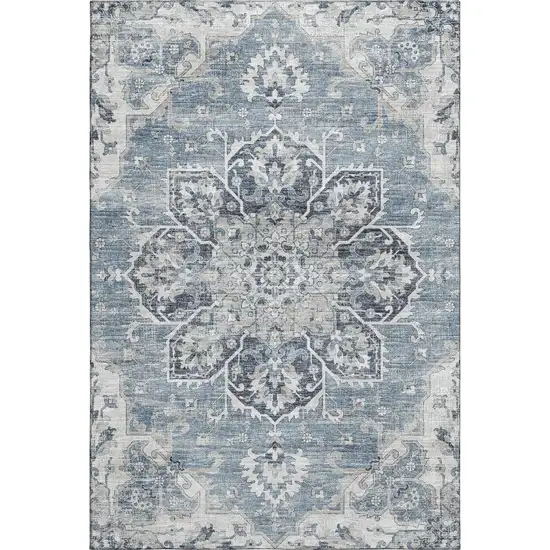 Blue Ivory And Gray Floral Medallion Washable Area Rug With UV Protection Photo 2