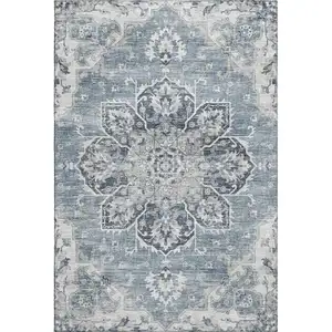 Photo of Blue Ivory And Gray Floral Medallion Washable Area Rug With UV Protection