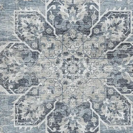 Blue Ivory And Gray Floral Medallion Washable Area Rug With UV Protection Photo 4