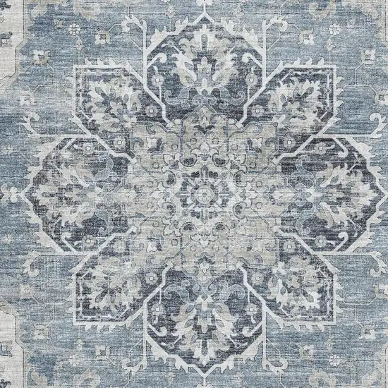 Blue Ivory And Gray Floral Medallion Washable Area Rug With UV Protection Photo 5