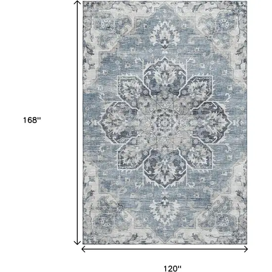 Blue Ivory And Gray Floral Medallion Washable Area Rug With UV Protection Photo 3