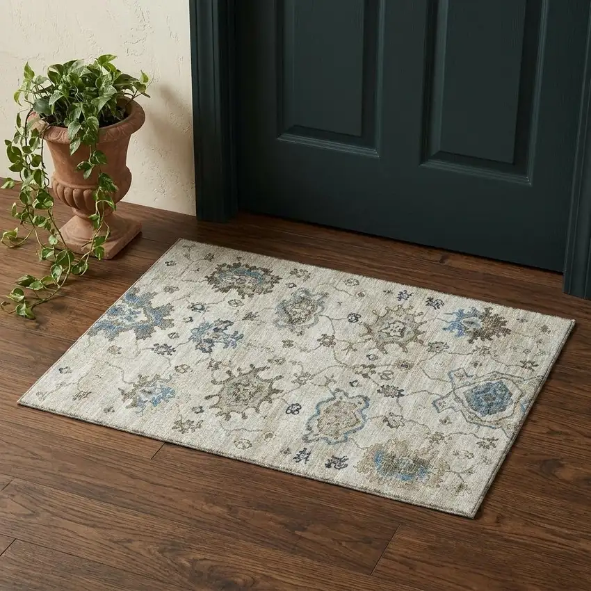 Blue Ivory And Gray Floral Medallion Distressed Washable Area Rug With UV Protection Photo 1
