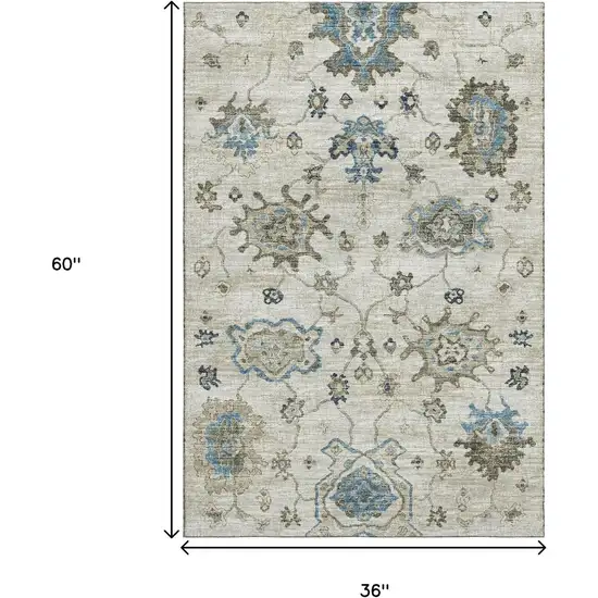 Blue Ivory And Gray Floral Medallion Washable Area Rug With UV Protection Photo 3