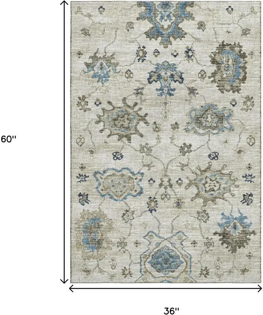Blue Ivory And Gray Floral Medallion Washable Area Rug With UV Protection Photo 3