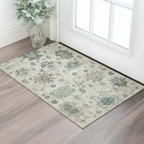 Blue Ivory And Gray Floral Medallion Washable Area Rug With UV Protection Photo 1