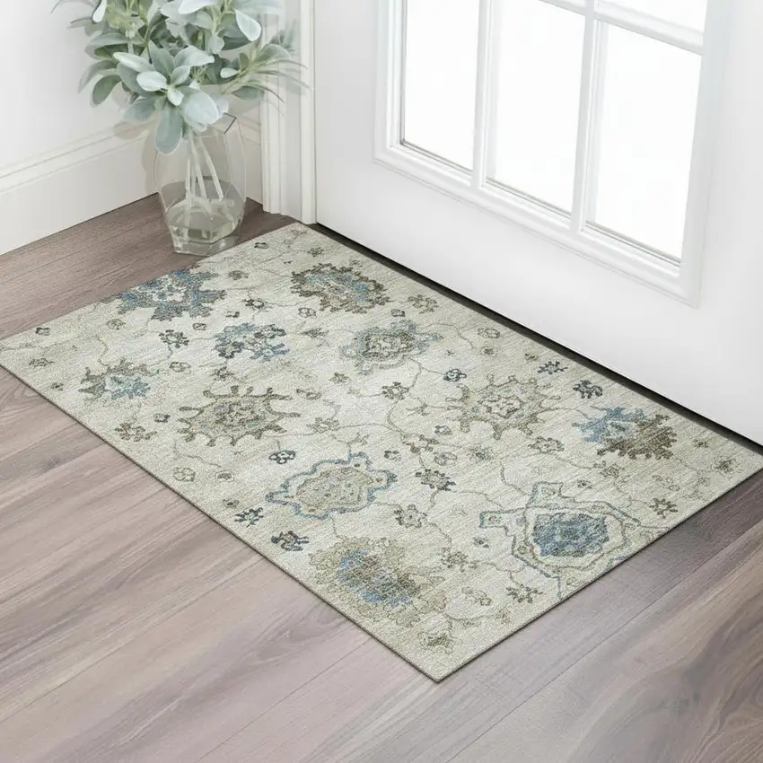 Blue Ivory And Gray Floral Medallion Washable Area Rug With UV Protection Photo 1