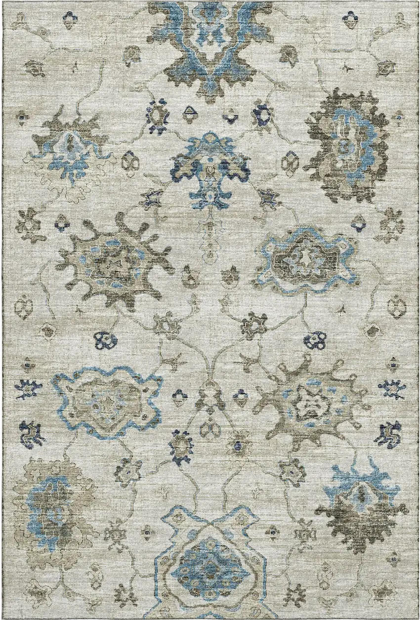Blue Ivory And Gray Floral Medallion Washable Area Rug With UV Protection Photo 2