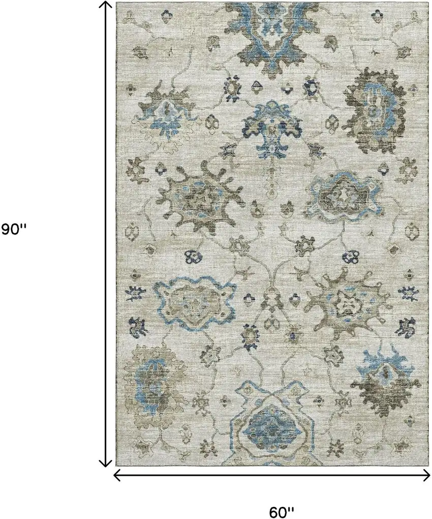 Blue Ivory And Gray Floral Medallion Washable Area Rug With UV Protection Photo 3