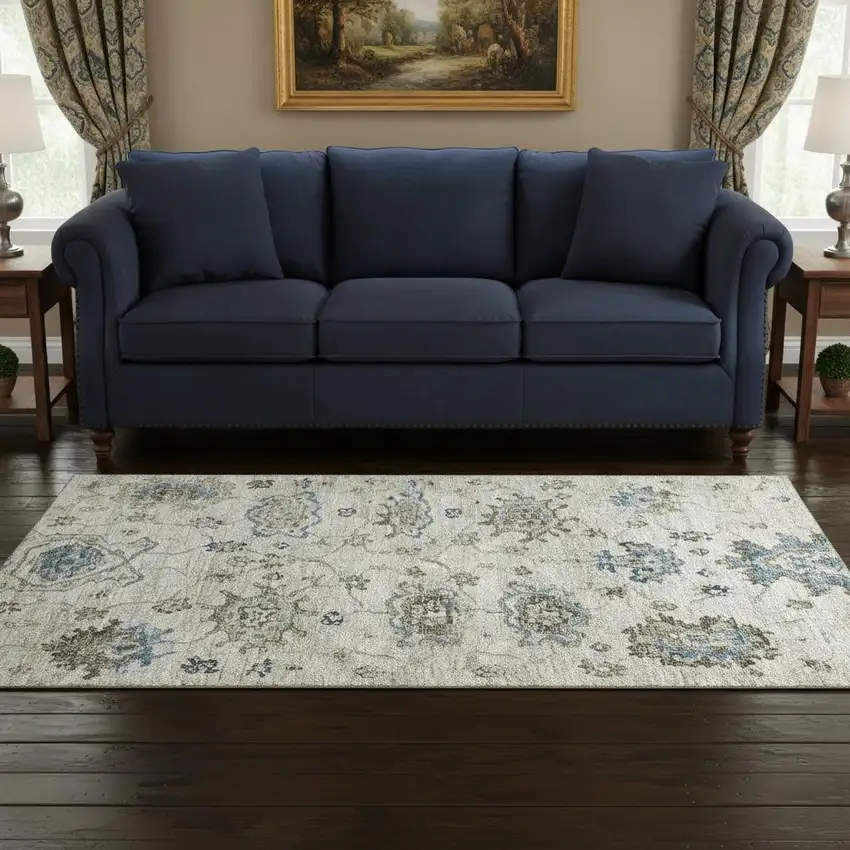 Blue Ivory And Gray Floral Medallion Washable Area Rug With UV Protection Photo 1