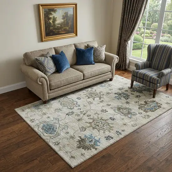 Blue Ivory And Gray Floral Medallion Distressed Washable Area Rug With UV Protection Photo 1