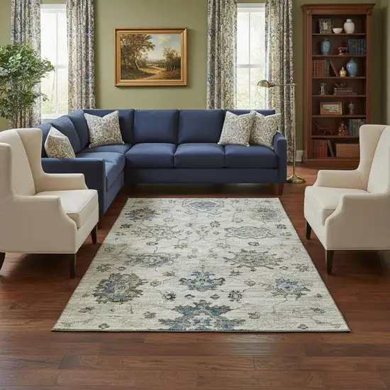 Blue Ivory And Gray Floral Medallion Washable Area Rug With UV Protection Photo 2