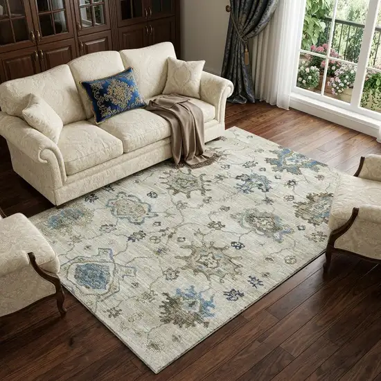 Blue Ivory And Gray Floral Medallion Distressed Washable Area Rug With UV Protection Photo 1
