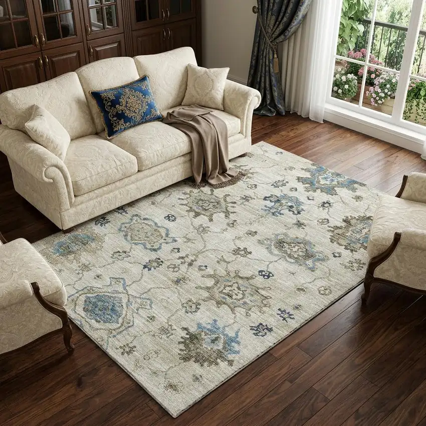 Blue Ivory And Gray Floral Medallion Distressed Washable Area Rug With UV Protection Photo 1