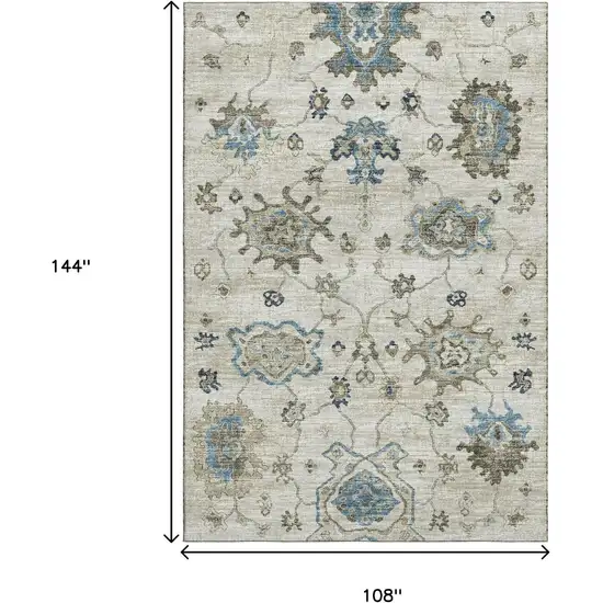 Blue Ivory And Gray Floral Medallion Washable Area Rug With UV Protection Photo 3