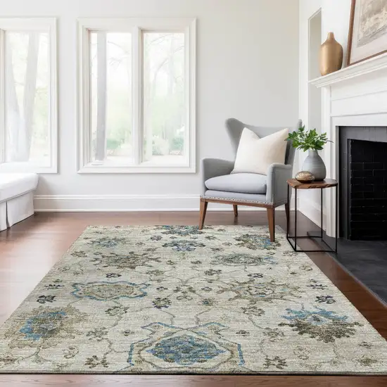 Blue Ivory And Gray Floral Medallion Washable Area Rug With UV Protection Photo 5