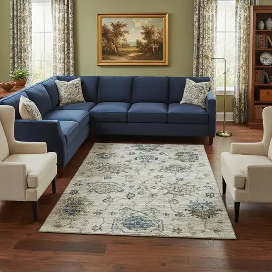 Blue Ivory And Gray Floral Medallion Washable Area Rug With UV Protection Photo 1