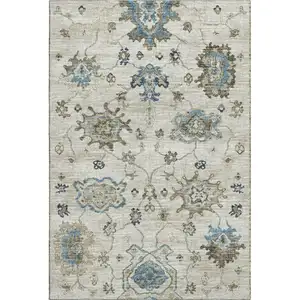 Photo of Blue Ivory And Gray Floral Medallion Washable Area Rug With UV Protection