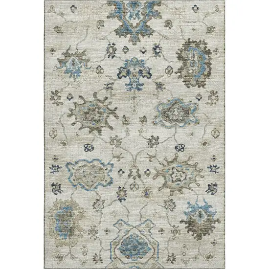 Blue Ivory And Gray Floral Medallion Washable Area Rug With UV Protection Photo 2