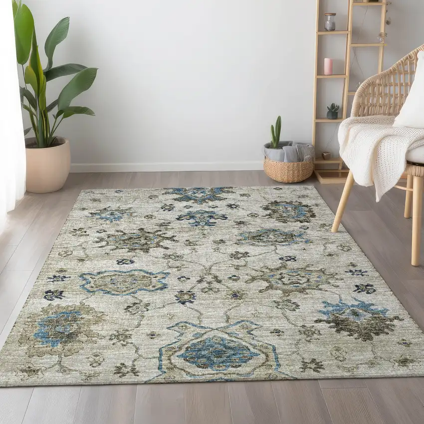 Blue Ivory And Gray Floral Medallion Washable Area Rug With UV Protection Photo 4