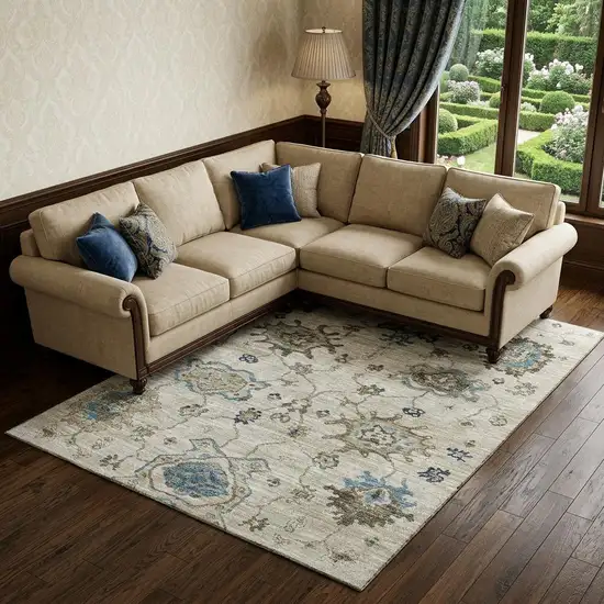 Blue Ivory And Gray Floral Medallion Distressed Washable Area Rug With UV Protection Photo 1