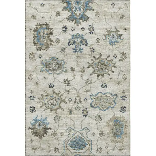 Blue Ivory And Gray Floral Medallion Washable Area Rug With UV Protection Photo 4