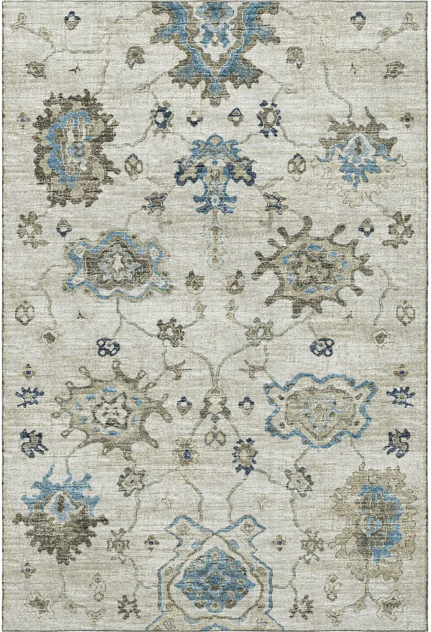 Blue Ivory And Gray Floral Medallion Washable Area Rug With UV Protection Photo 4