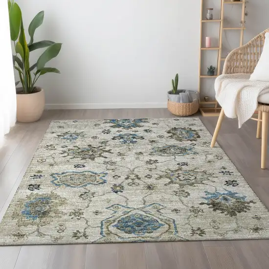 Blue Ivory And Gray Floral Medallion Washable Area Rug With UV Protection Photo 5