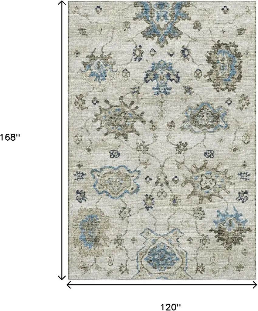 Blue Ivory And Gray Floral Medallion Washable Area Rug With UV Protection Photo 3