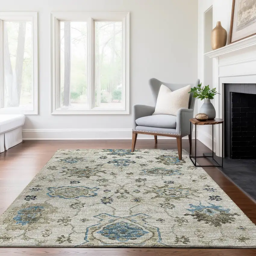 Blue Ivory And Gray Floral Medallion Washable Area Rug With UV Protection Photo 6