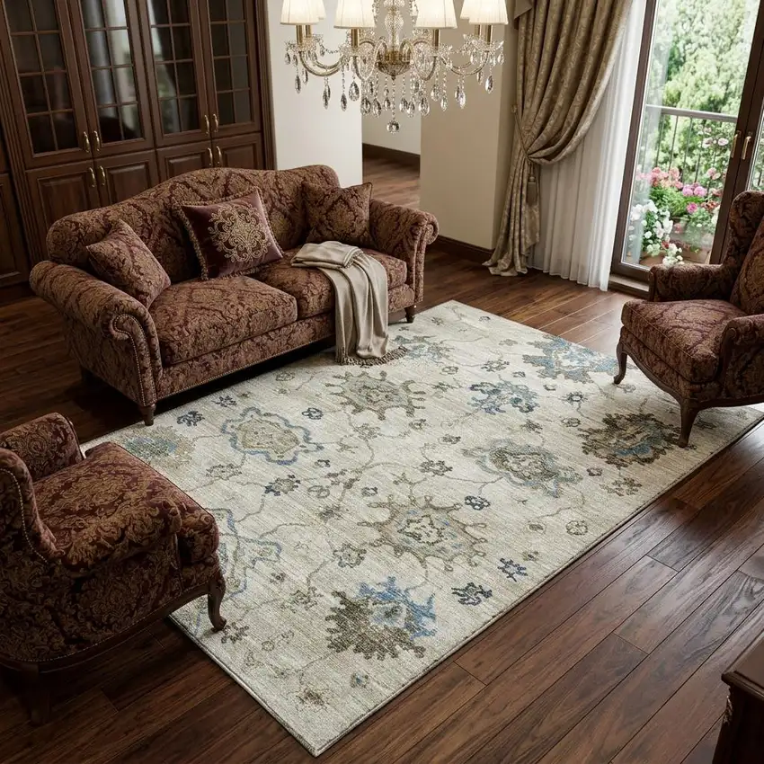 Blue Ivory And Gray Floral Medallion Distressed Washable Area Rug With UV Protection Photo 1