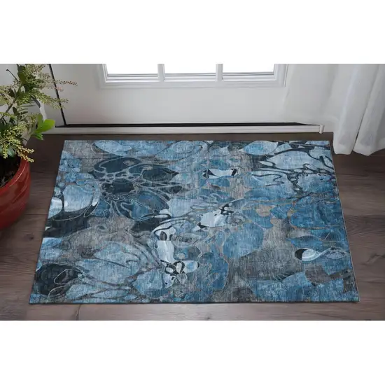 Blue Ivory And Gray Floral Washable Area Rug With UV Protection Photo 2