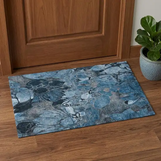 Blue Ivory And Gray Abstract Distressed Washable Area Rug With UV Protection Photo 1