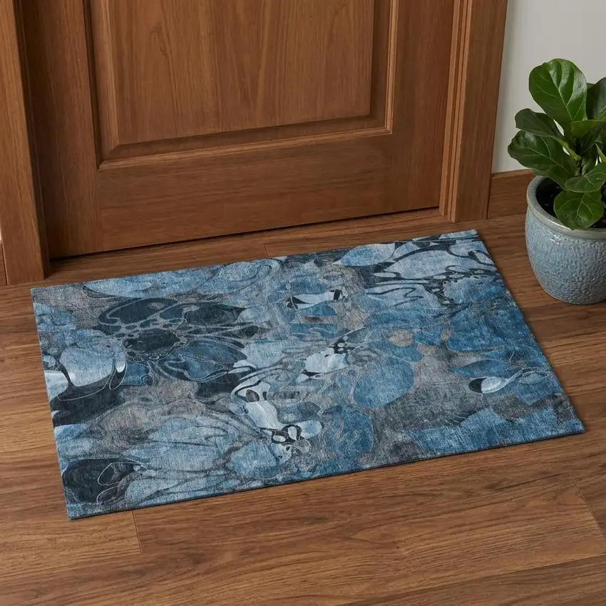 Blue Ivory And Gray Abstract Distressed Washable Area Rug With UV Protection Photo 1
