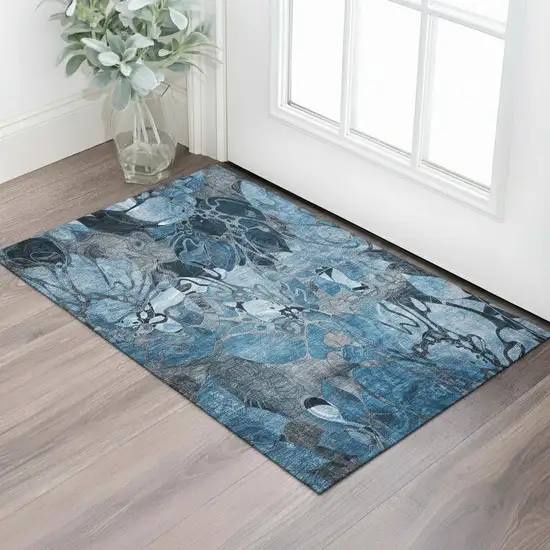 Blue Ivory And Gray Floral Washable Area Rug With UV Protection Photo 1
