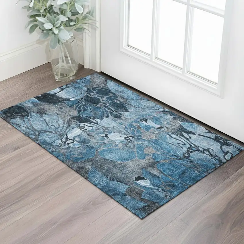 Blue Ivory And Gray Floral Washable Area Rug With UV Protection Photo 1