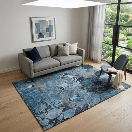 Blue Ivory And Gray Abstract Distressed Washable Area Rug With UV Protection Photo 1