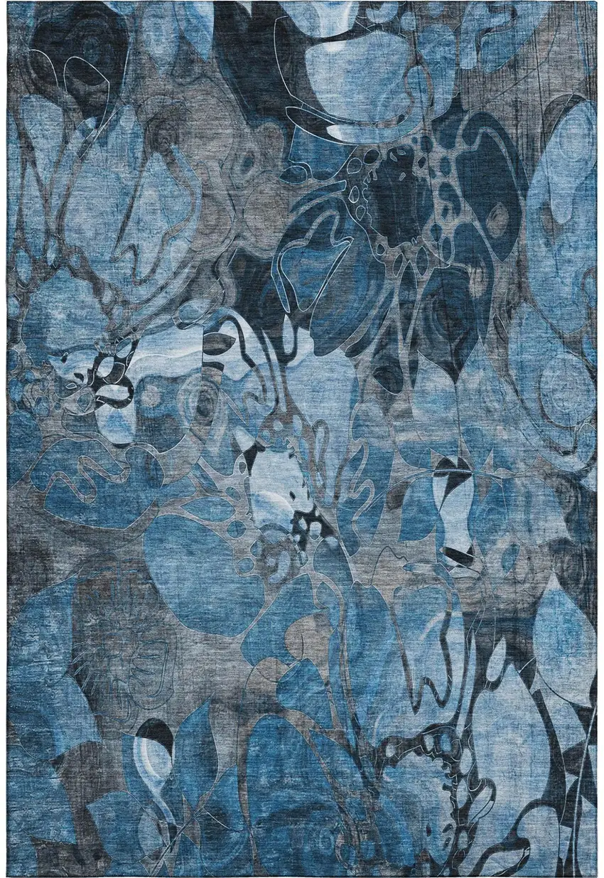 Blue Ivory And Gray Abstract Distressed Washable Area Rug With UV Protection Photo 2