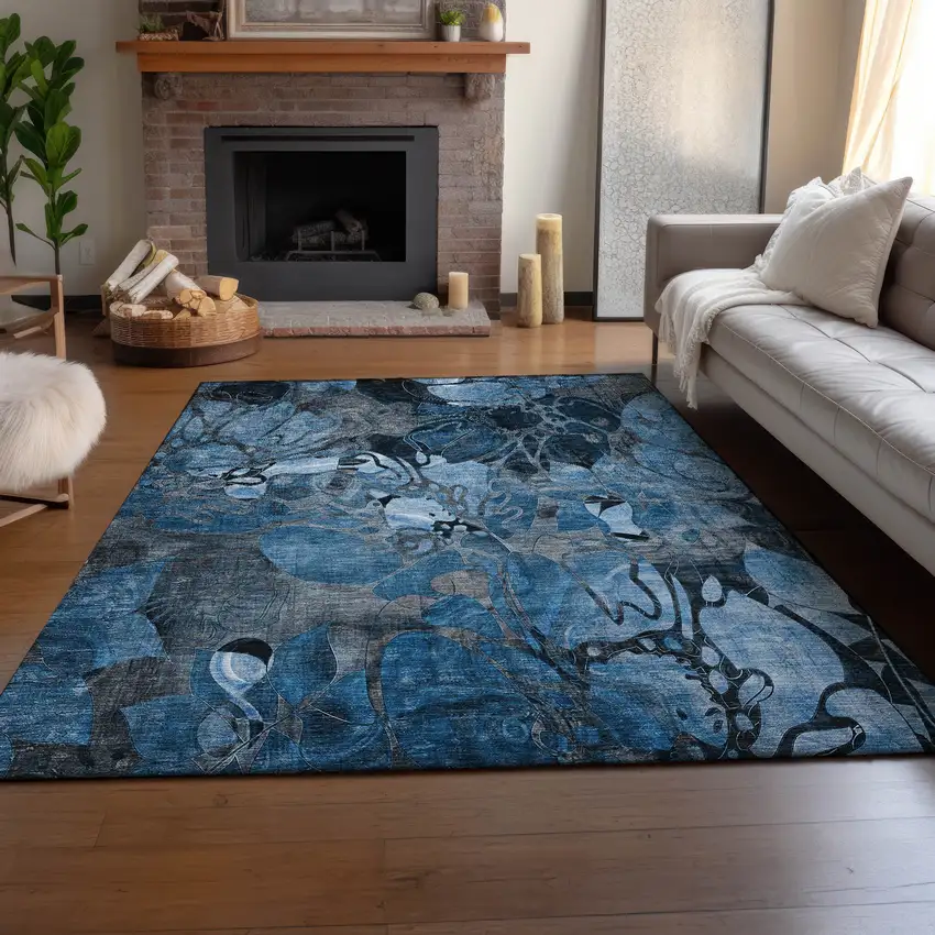 Blue Ivory And Gray Floral Washable Area Rug With UV Protection Photo 5