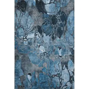 Photo of Blue Ivory And Gray Floral Washable Area Rug With UV Protection