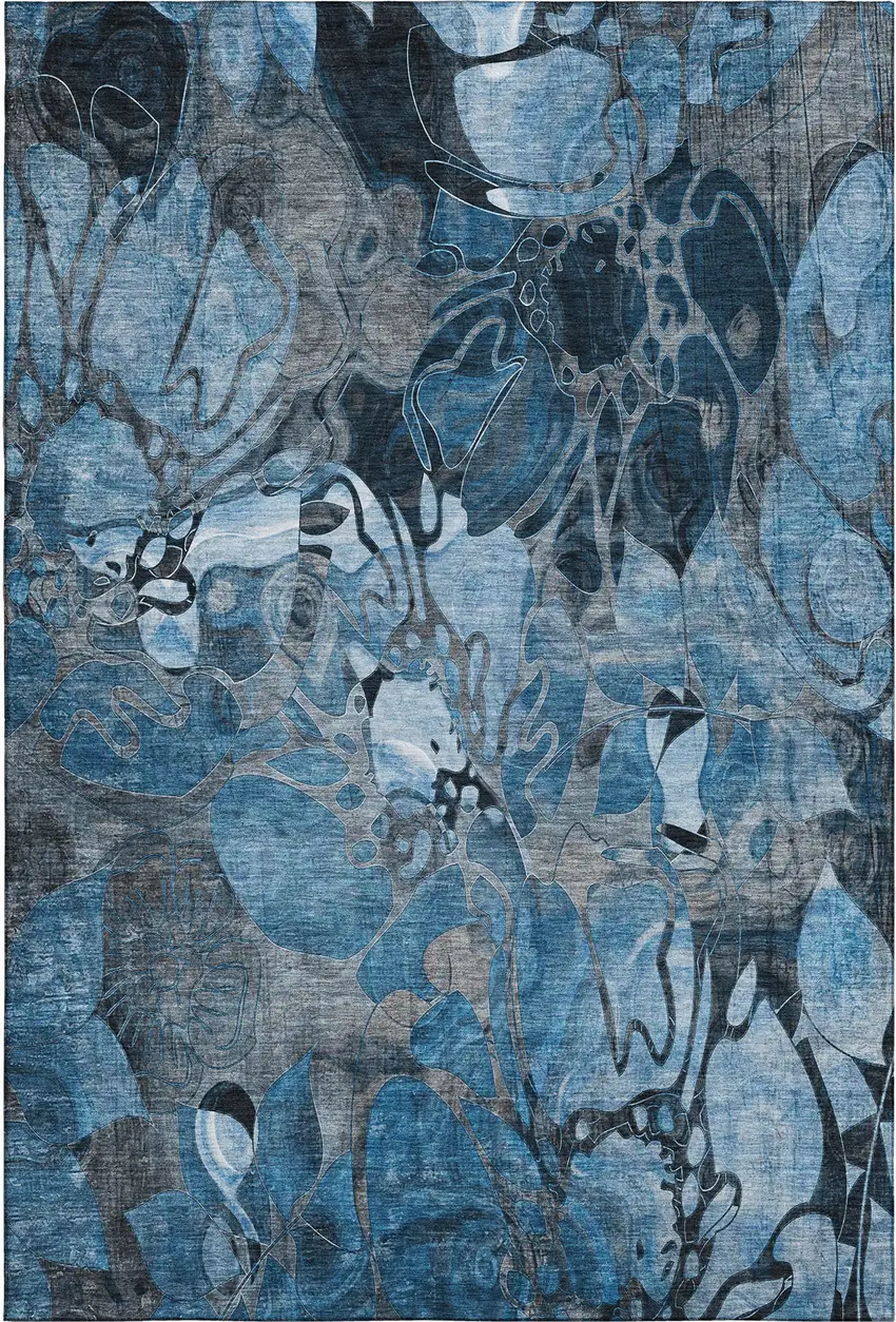 Blue Ivory And Gray Floral Washable Area Rug With UV Protection Photo 1
