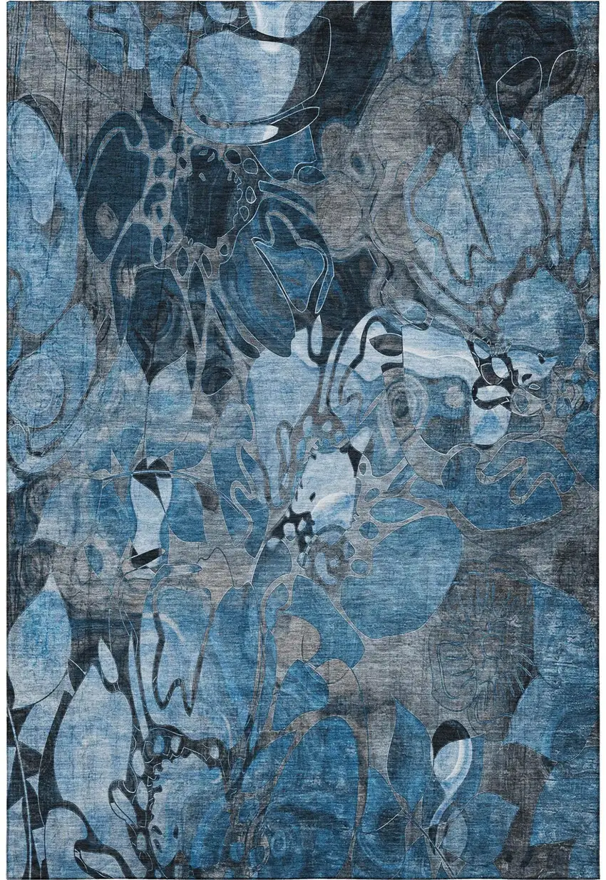 Blue Ivory And Gray Abstract Distressed Washable Area Rug With UV Protection Photo 3
