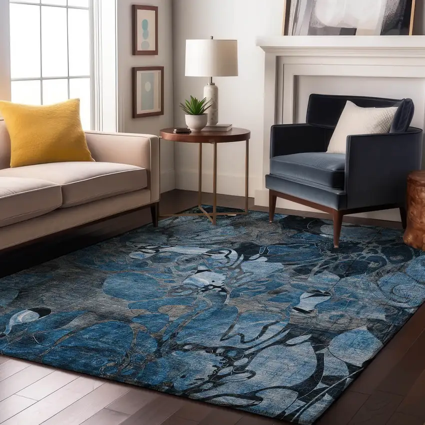 Blue Ivory And Gray Floral Washable Area Rug With UV Protection Photo 4