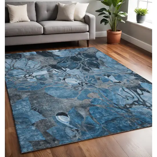 Blue Ivory And Gray Floral Washable Area Rug With UV Protection Photo 2