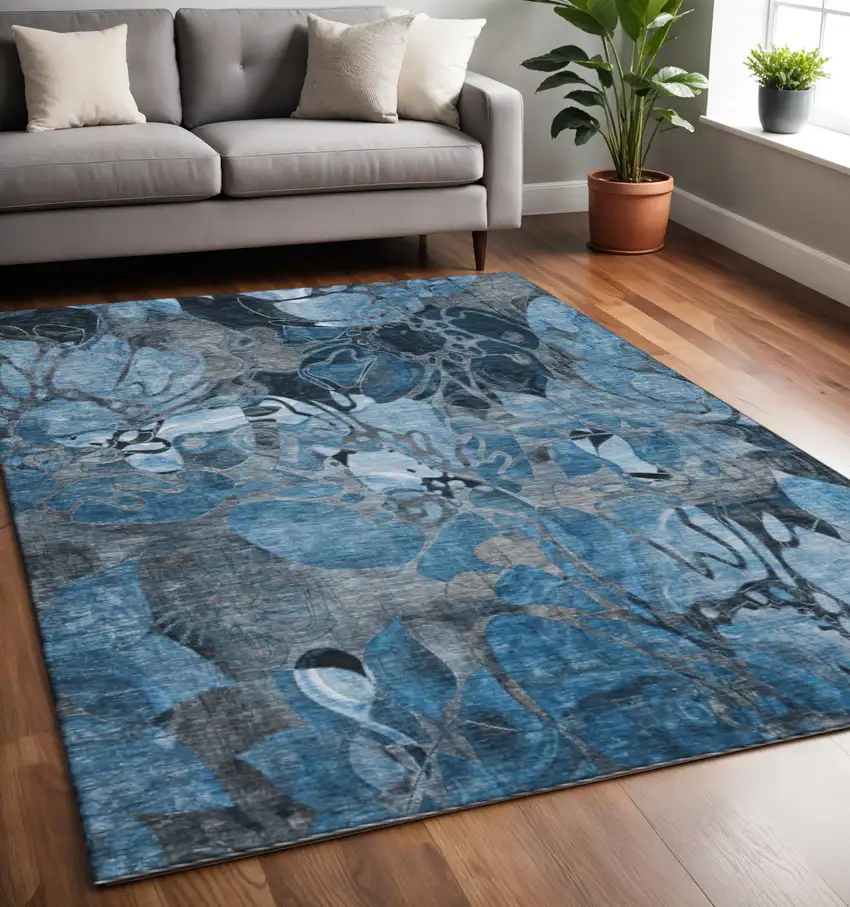 Blue Ivory And Gray Floral Washable Area Rug With UV Protection Photo 2
