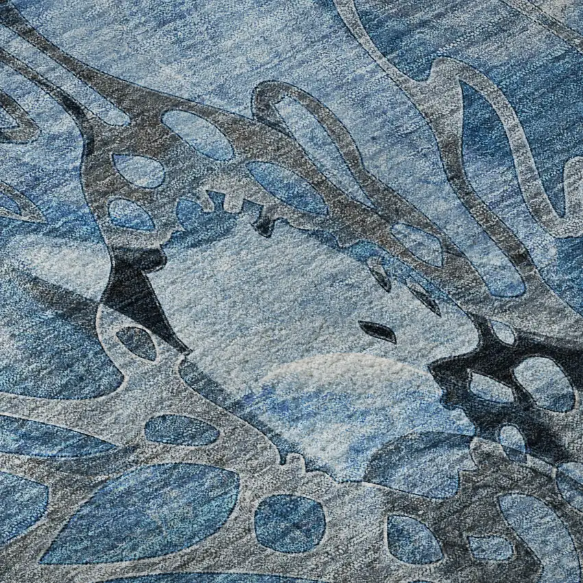 Blue Ivory And Gray Floral Washable Area Rug With UV Protection Photo 9