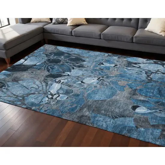 Blue Ivory And Gray Floral Washable Area Rug With UV Protection Photo 2