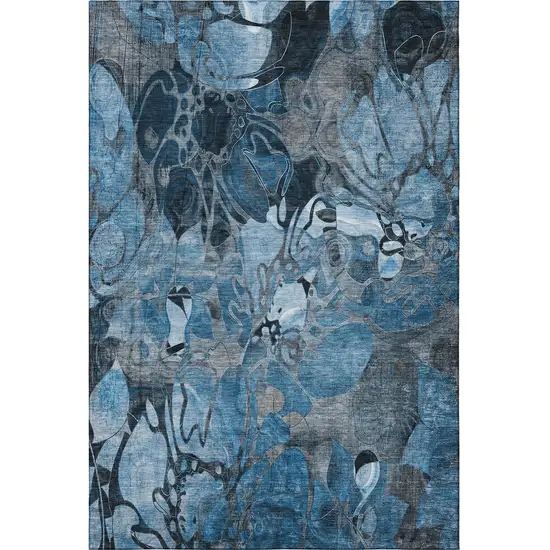 Blue Ivory And Gray Floral Washable Area Rug With UV Protection Photo 4