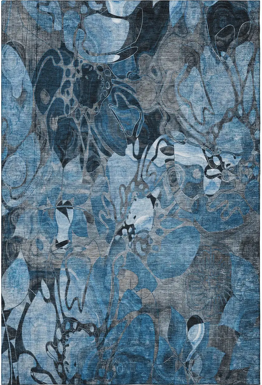 Blue Ivory And Gray Floral Washable Area Rug With UV Protection Photo 4